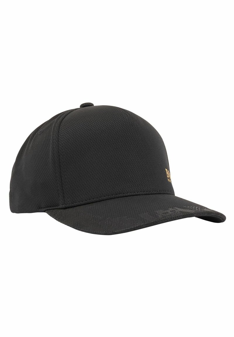 Casquette de baseball en tissu noir texturé avec une visière incurvée et un petit logo doré sur le côté droit à l'avant.