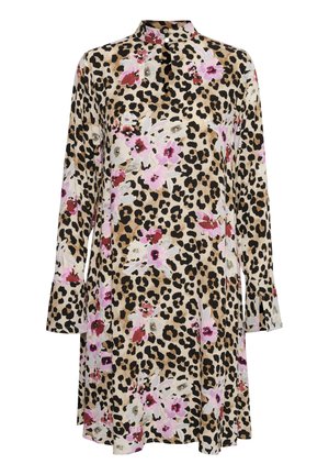 Sukienka w kwiaty i w wzór panterki w odcieniach beżu, różu i czerni. Długie rękawy z rozszerzanymi mankietami, wysoki dekolt oraz luźny krój.