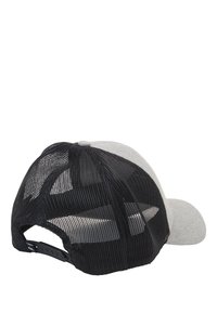 Gray cap with a black mesh back, curved brim, adjustable snap closure, and ventilation holes in the mesh. Textured fabric on the front.