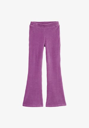 Schlaghosen aus einem weichen, gerippten Stoff, in einem lebhaften lila Farbton mit einem elastischen Bund für Komfort.