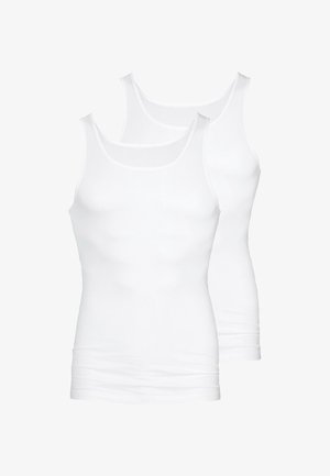 Hvide bomulds tanktops, ærmeløs design, rund halsudskæring, glat tekstur, to varer pakket sammen. Strækbar og tætsiddende silhuet.