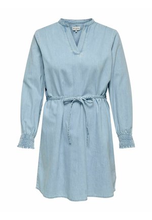 Light blue long-sleeve denim dress with V-neck, elastic cuffs, and a waist tie belt.