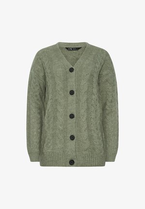 Groene gebreide cardigan met een V-hals, voorzien van een kabelbreipatroon, lange mouwen en zes zwarte knopen aan de voorkant.
