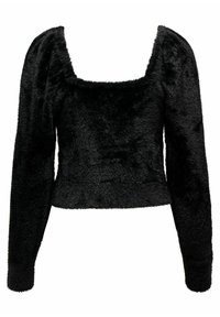 Zwarte cropped top met lange pofmouwen, gemaakt van zachte, pluche stof. Vierkante halslijn en een gladde textuur zonder zichtbare hardware.