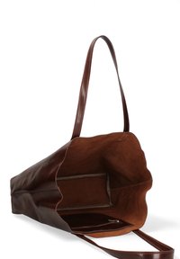 Borsa a tracolla in pelle marrone con un design morbido e floscio. Esterno liscio, interno in suede e manici lunghi e piatti. Scomparto con zip all'interno.