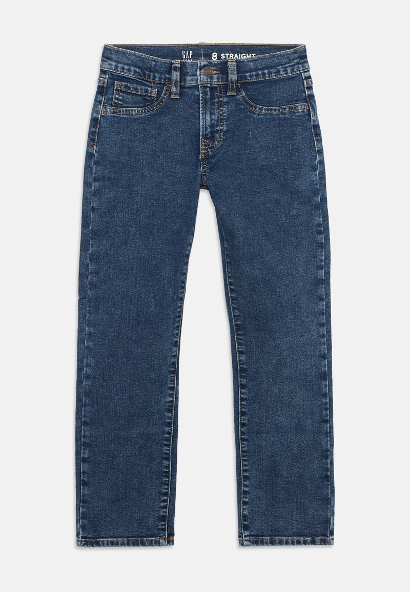 Jean droit en denim bleu foncé avec poches avant, passants pour ceinture et fermeture à boutons, étiqueté taille 8 de chez GAP.