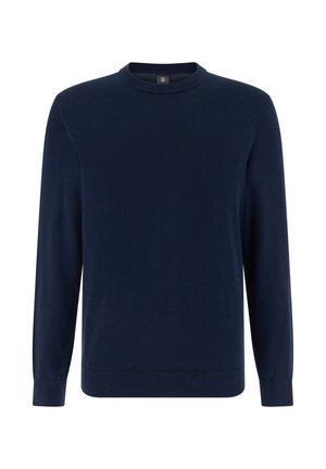 Granatowy, długi sweter z okrągłym dekoltem, z długimi rękawami, z mankietami i dolnym brzegiem wykończonym prążkowanym ściągaczem, jednolity, bez wzorów ani logo.