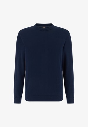 Pull à manches longues bleu marine avec encolure ronde, poignets et ourlet côtelés, design uni, sans motifs ni logos visibles.