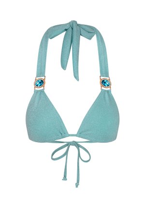Teal glitter bikini top met driehoekige cups. Bindt achter de nek en op de rug. Decoratieve hardware met een blauwe edelsteen op elke strap.