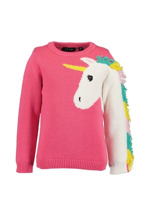 Maglione rosa per bambini con una grande testa bianca di unicorno e un corno giallo sul davanti e una criniera con frange multicolore lungo una manica.