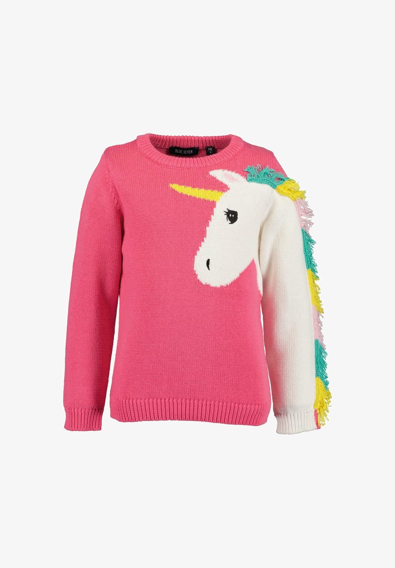Pull rose pour enfants avec une grande tête de licorne blanche et une corne jaune à l'avant, ainsi qu'une crinière à franges multicolores le long d'une manche.