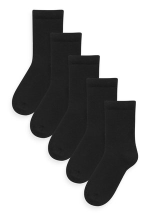 Cinque paia di calzini di cotone neri esposti. Ogni calzino presenta una punta arrotondata e un polsino a coste per il comfort. Design semplice, colore uniforme.