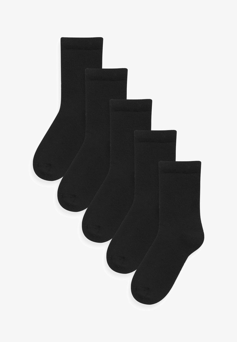 Sorte bomuldsstrømper, fem par vist. Hver strømpe har en rund tå og en ribbet manchet for komfort. Enkelt design, ensartet farve.