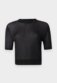 Czarny krótki sweter z krótkimi rękawami, z prążkowaną fakturą i bezszwowym dekoltem. Lekki, o subtelnym połysku.