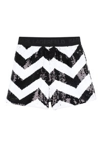 zwart-witte chevronpatroon pailletten shorts met een zwarte elastische tailleband met het logo "KARL LAGERFELD". Geptxtureerd met reflecterende pailletten.