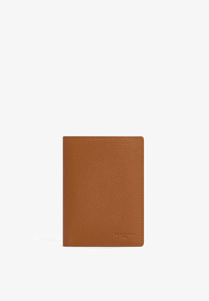 Brown leather wallet with a textured finish, square shape, minimalistic design, and visible stitching along the edges. Features embossed logo.