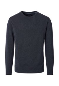 Dunkelgrauer Pullover mit Rundhalsausschnitt aus strukturiertem Strickstoff. Lange Ärmel mit gerippten Bündchen und Saum, mit einem dezenten Muster durchgehend.