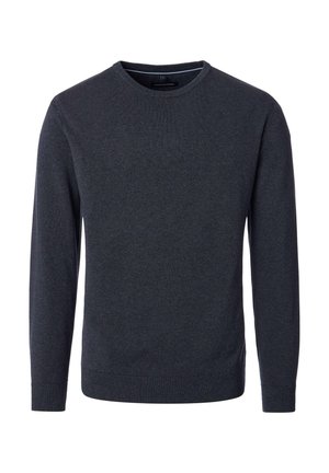 Dunkelgrauer Pullover mit Rundhalsausschnitt aus strukturiertem Strickstoff. Lange Ärmel mit gerippten Bündchen und Saum, mit einem dezenten Muster durchgehend.