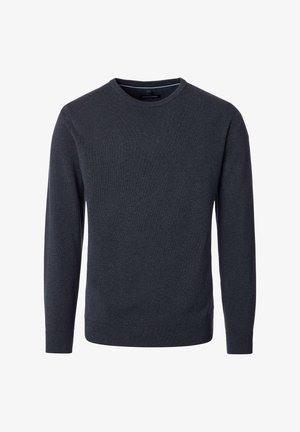 Dunkelgrauer Pullover mit Rundhalsausschnitt aus strukturiertem Strickstoff. Lange Ärmel mit gerippten Bündchen und Saum, mit einem dezenten Muster durchgehend.