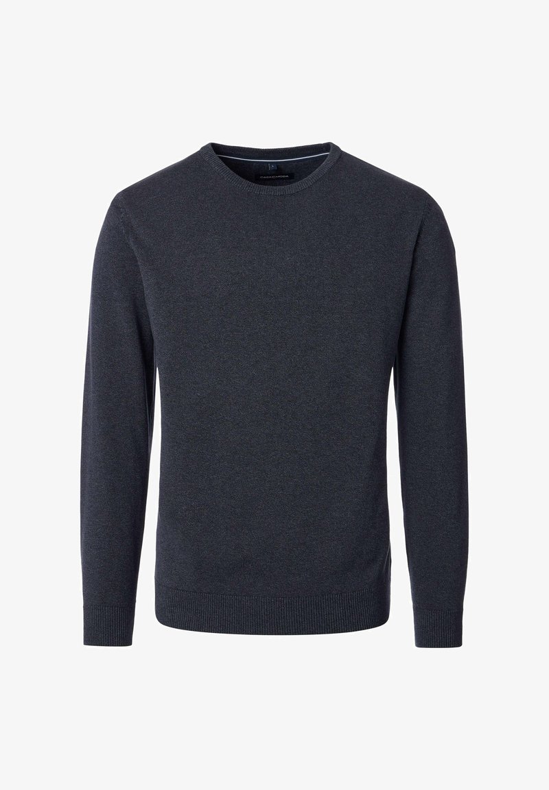 Dunkelgrauer Pullover mit Rundhalsausschnitt aus strukturiertem Strickstoff. Lange Ärmel mit gerippten Bündchen und Saum, mit einem dezenten Muster durchgehend.