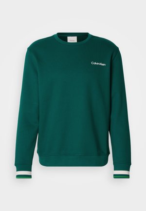 Groene sweatshirt met een ronde hals, lange mouwen en een wit Calvin Klein-logo. Heeft gestreepte manchetten in wit en groene accenten.