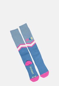 Calze fino al ginocchio in blu e rosa, con un design a zigzag, parte superiore testurizzata e punta rinforzata. Logo "protest" e taglia stampati sulla suola.