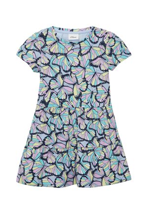 Korte mouwen jurk met vlinderpatroon in pastelkleuren op een donkere achtergrond. Kenmerkt zich door een gemiddelde taille en een uitlopende rok.