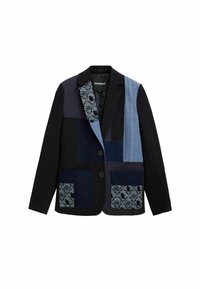 Black patchwork blazer featuring denim and textured fabric accents, with a floral pattern, two pockets, and a single button closure.