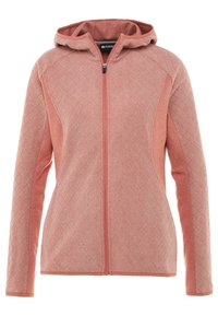 Teksturowana różowa polaru z kapturem, z pełnym zamkiem błyskawicznym, pikowanym wzorem oraz długimi rękawami z kontrastowymi panelami bocznymi.