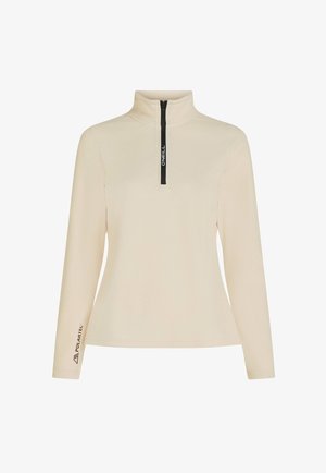 Beige fleecová mikina s vysokým límcem, předním zipem na půl a černým zipem s logem značky. Na rukávu se nachází logo "Polartec". Hladká textura.