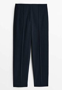 Pantaloni formali neri scuri su misura con pieghe frontali e vita alta, mostrati distesi su uno sfondo bianco.