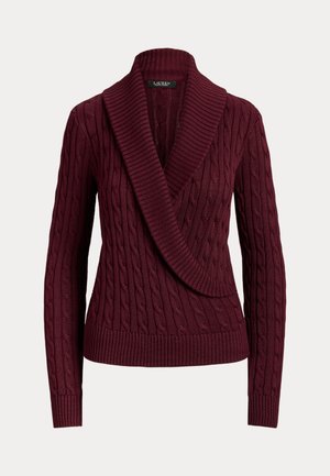 Lauren Ralph Lauren, CABLE COTTON-BLEND SHAWL-COLLAR SWEATER - Πουλόβερ - dark garnet