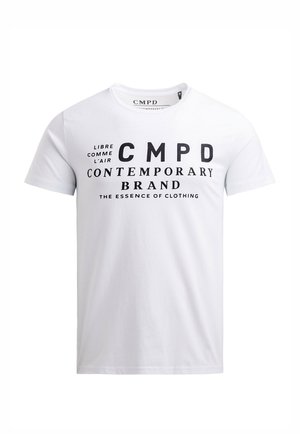White short-sleeve T-shirt with black text reading "LIBRE COMME L’AIR CMPD CONTEMPORARY BRAND THE ESSENCE OF CLOTHING" on front.