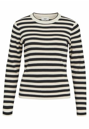 Pull à manches longues noir et crème à rayures, avec une texture côtelée et un col arrondi. Les rayures alternent en largeur.