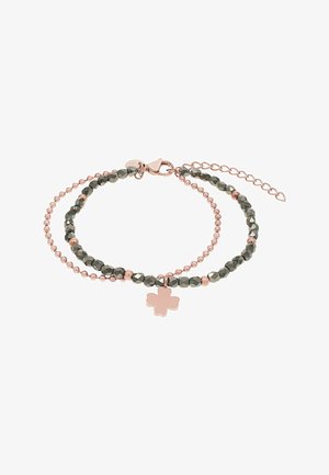 Dubbelstrengs armband met roségouden kralen, grijze facetgeslepen kralen, kreeftenklauwsluiting, verlengketting en een roségouden charm in de vorm van een klavertjevier.