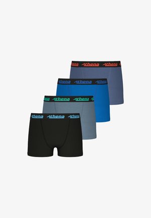 Quatre paires de boxers pour hommes en noir, bleu foncé, bleu clair et gris, dotés de ceintures noires avec le logo "Athena" dans des couleurs contrastées.