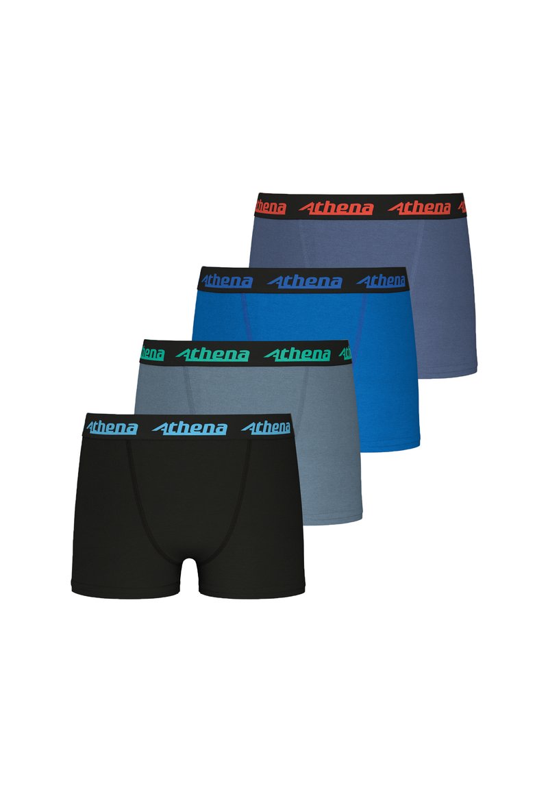 Quatre paires de boxers pour hommes en noir, bleu foncé, bleu clair et gris, dotés de ceintures noires avec le logo "Athena" dans des couleurs contrastées.