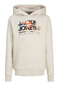 Bež pulover s kapuco z grafičnim potiskom "JACK & JONES" v poudarjenih črnih in oranžnih črkah, rebrastimi manšetami in kapuco z vrvico.