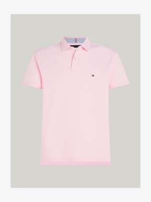 Polo shirt in light pink cotton, featuring a collar, two-button placket, and a small logo on the left chest. Striped interior collar detail.