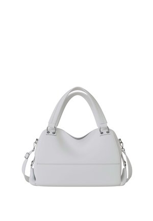 White leather handbag with double handles, detachable shoulder strap, and silver hardware, shown against a plain white background.