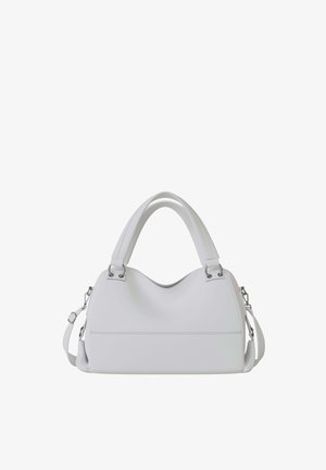 White leather handbag with double handles, detachable shoulder strap, and silver hardware, shown against a plain white background.