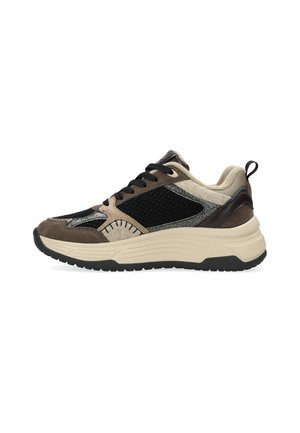 Freizeit-Sneaker mit schwarzen, beigen und braunen Einsätzen, schwarzen Schnürsenkeln, strukturiertem Stoff und dicker beiger Sohle mit schwarzem Profil.