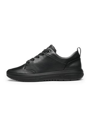 Black low-top sneaker with lace-up front, rounded toe, padded collar, and textured sole, shown in side profile on white background.
