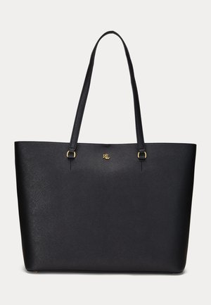 Sac cabas en cuir noir texturé avec deux longues anses et un petit logo doré RLL centré près du haut.