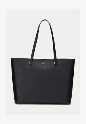 Czarna teksturowana skórzana torba typu tote z dwoma długimi uchwytami i małym złotym logo RLL umieszczonym na środku blisko górnej części.