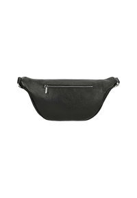 Marsupio in pelle nera con finitura texturizzata, forma curva e tasca frontale con zip. Presenta una singola tracolla regolabile.