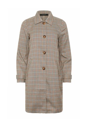 Manteau long jusqu’aux genoux à manches longues avec col pointu, quatre grands boutons marron, manches à revers et motif à carreaux beige.
