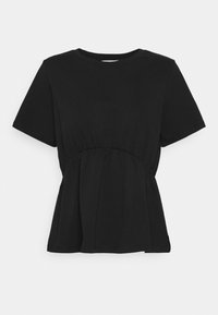 Top negro de manga corta con cuello redondo y cintura fruncida que crea una silueta de peplum, exhibido sobre un fondo liso.