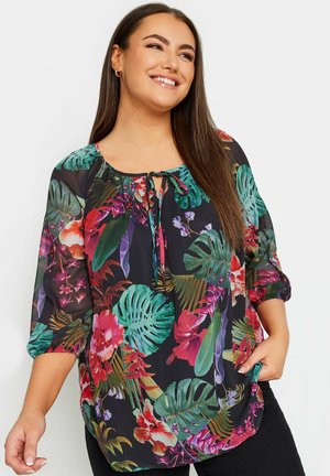 Yours Clothing FLORAL PRINT TIE NECK - Bluse - black