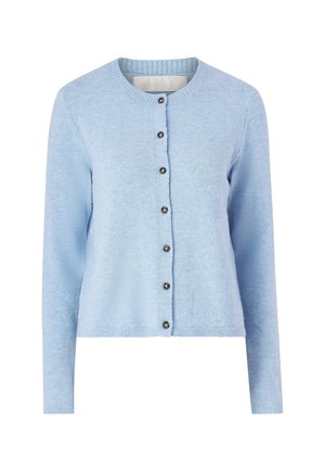 Light blue cardigan made of soft fabric, featuring a round neckline, long sleeves, and front buttons with a textured finish.